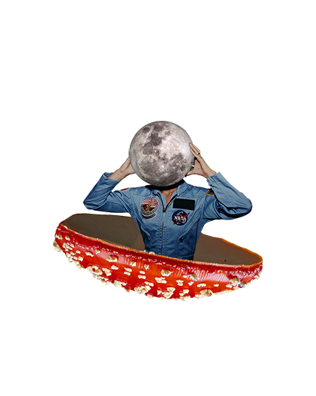 Spaceman on a mushroom with a moon instead of head